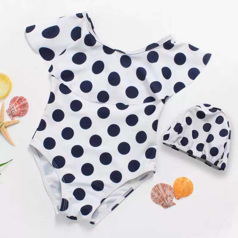 水着 女の子 ワンピース 水玉 ドット 子供 キッズ かわいい 帽子付き 90 100 110 |  | 01