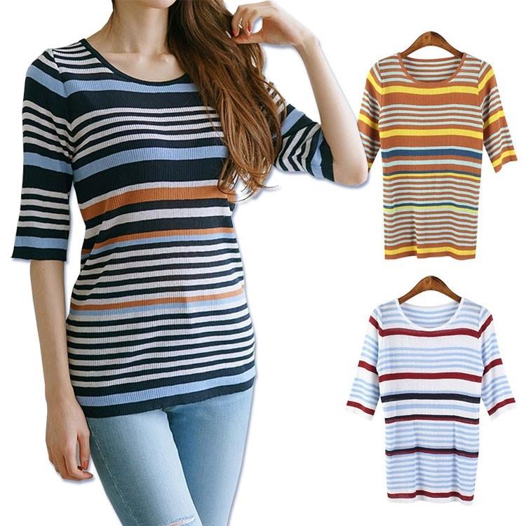 Sale マルチボーダー半袖ニット お出かけ デイリースタイル オフィス ニット 春夏 半袖カットソー アクリル100 ニット 韓国製 Freeサイズ P5in96jpsg By Dream 通販 Yahoo ショッピング