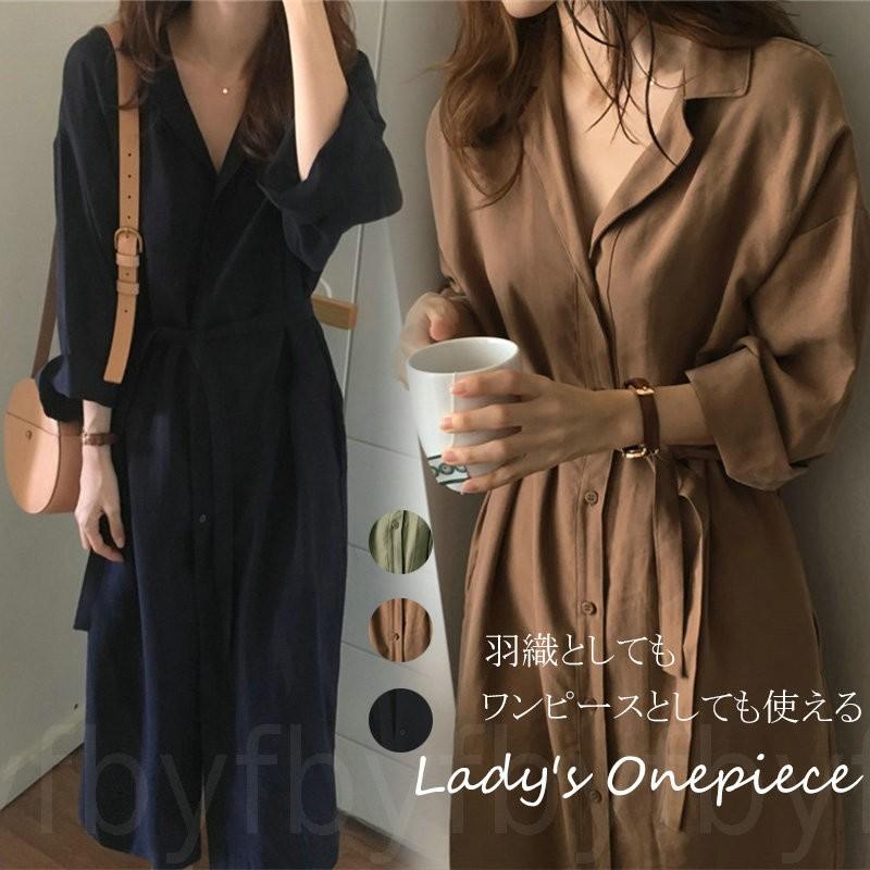 春コーデ レディース シャツワンピース カーディガン シャツコート リボン付 ロング丈 コート きれいめ おしゃれ 長袖 体型カバー C3 Onepiece02 Byf 通販 Yahoo ショッピング