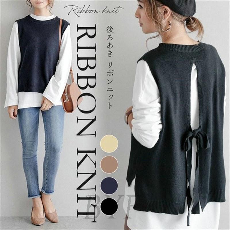 ベスト ニット レディース バックリボン 2way 後ろあき セーター ラウンドネック ノースリーブ ストレッチ トップス 通勤 オフィス カジュアル 秋 冬 C3 Sweater17 Byf 通販 Yahoo ショッピング