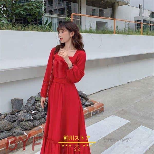赤ワンピースレディースレトロスクエアネック無地ロングワンピースフレアギャザーバルーンスリーブドレス長袖通勤食事会二次会きれいめ着痩せ Cc21 Wi05zrr234 Byf 通販 Yahoo ショッピング