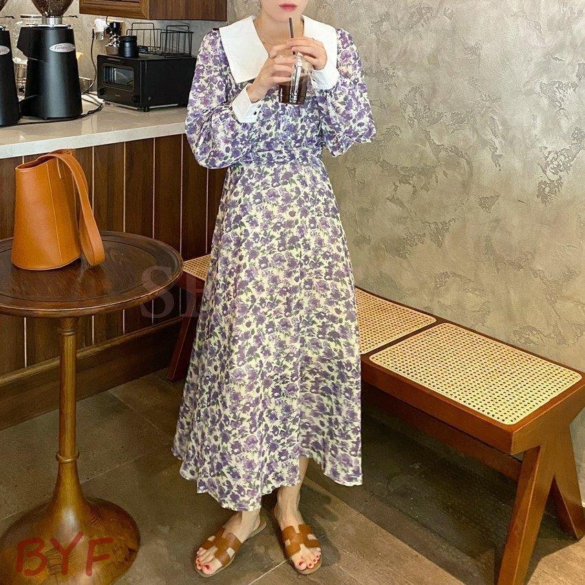 ワンピース レディース 40代 秋 長袖 ひざ丈 花柄ワンピース フレアスカート Aライン 上品 ロング丈 韓国風 30代 50代 ワンピ 絶妙なデザイン