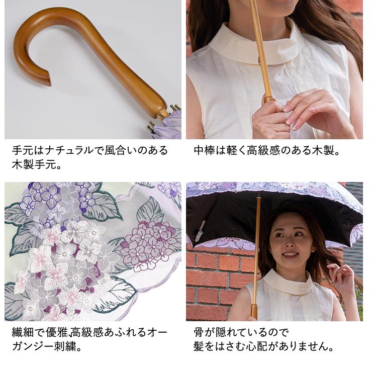 シノワズリーモダン 完全遮光 長日傘 レディース 女優日傘プレミアム 紫陽花 刺繍 かわず張り長日傘 晴雨兼用 UVカット  涼しい 刺繍  ギフト 母の日 爆買の画像