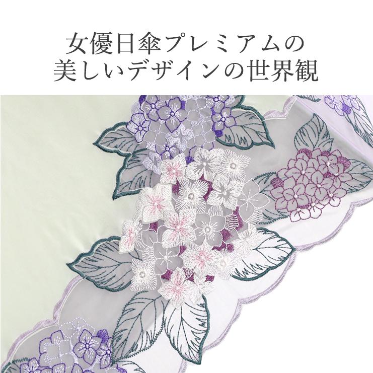 シノワズリーモダン 完全遮光 長日傘 レディース 女優日傘プレミアム 紫陽花 刺繍 かわず張り長日傘 晴雨兼用 UVカット  涼しい 刺繍  ギフト 母の日 爆買の画像