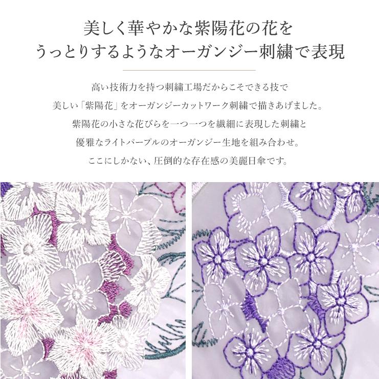 シノワズリーモダン 完全遮光 長日傘 レディース 女優日傘プレミアム 紫陽花 刺繍 かわず張り長日傘 晴雨兼用 UVカット  涼しい 刺繍  ギフト 母の日 爆買の画像