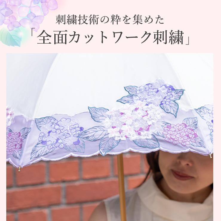 シノワズリーモダン 完全遮光 長日傘 レディース 女優日傘プレミアム 紫陽花 刺繍 かわず張り長日傘 晴雨兼用 UVカット  涼しい 刺繍  ギフト 母の日 爆買の画像
