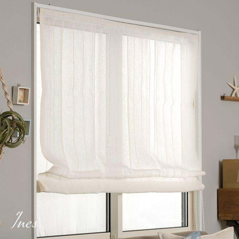 ローマンシェード サイズオーダー ドラム型 幅191〜240cm 丈50〜100cm  イネス [1枚] レース おしゃれ ストライプ リネン コットン オフホワイト OKC5