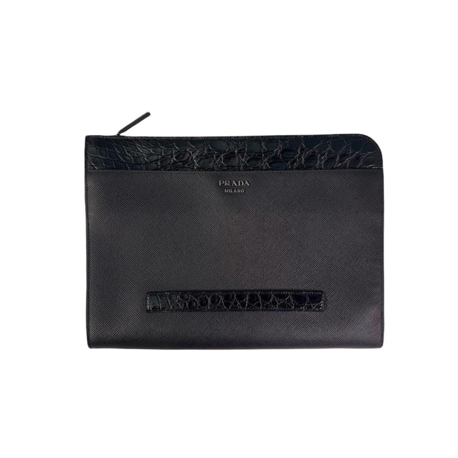 I484.. PRADA プラダ ドキュメントホルダー サフィアーノ レザー x リアルクロコダイル ビジネス ロゴ メンズ 男 新品 ★ ブラック.の画像
