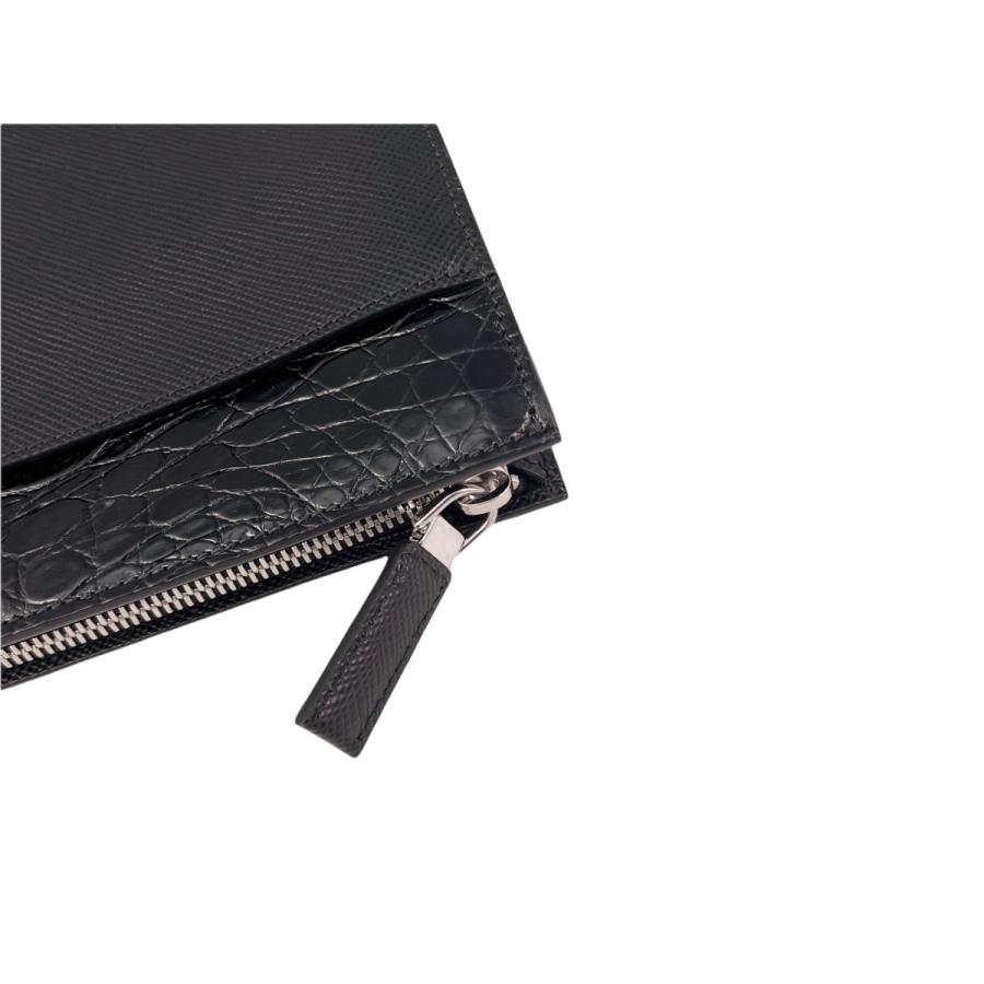 I484.. PRADA プラダ ドキュメントホルダー サフィアーノ レザー x リアルクロコダイル ビジネス ロゴ メンズ 男 新品 ★ ブラック.の画像