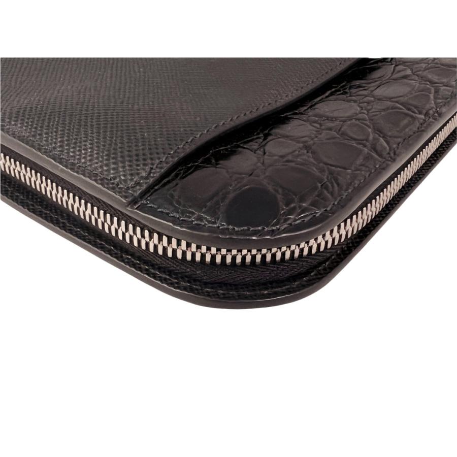 I484.. PRADA プラダ ドキュメントホルダー サフィアーノ レザー x リアルクロコダイル ビジネス ロゴ メンズ 男 新品 ★ ブラック.の画像