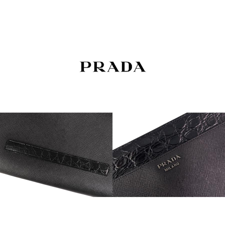 I484.. PRADA プラダ ドキュメントホルダー サフィアーノ レザー x リアルクロコダイル ビジネス ロゴ メンズ 男 新品 ★ ブラック.の画像