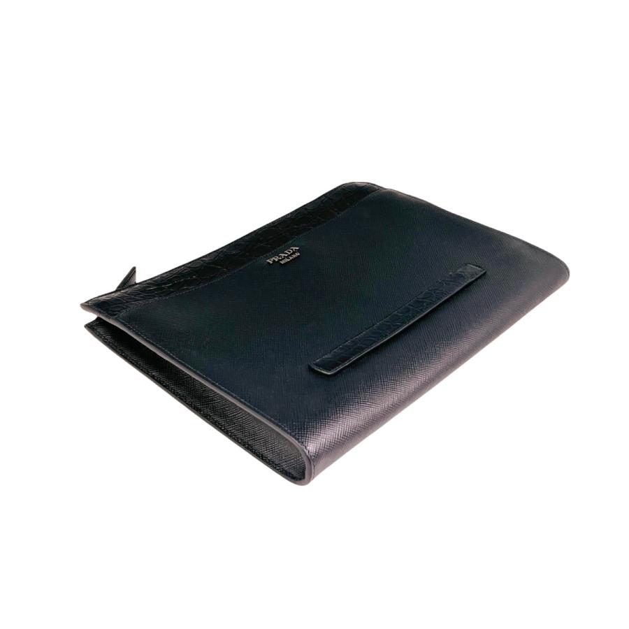 I484.. PRADA プラダ ドキュメントホルダー サフィアーノ レザー x リアルクロコダイル ビジネス ロゴ メンズ 男 新品 ★ ブラック.の画像