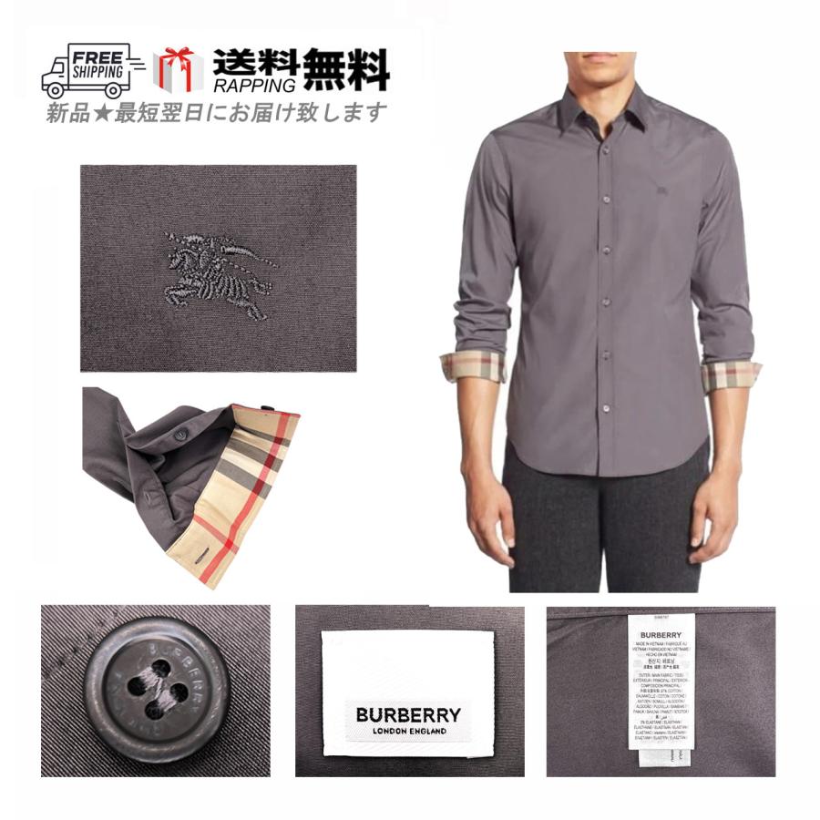 K955-XS.. BURBERRY バーバリー シャツ チェック トップス アウター ドレス メンズ ロゴ 長袖 ライニング 新品 ★ STONE GREY