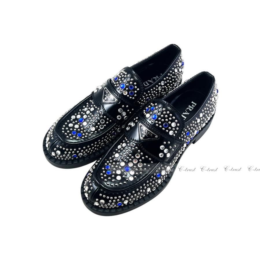 L788-9.. PRADA プラダ シューズ ローファー スワロ スタッズ ラインストーン レザー 靴 ロゴ メンズイタリア製 新品 ★ ブラックの画像