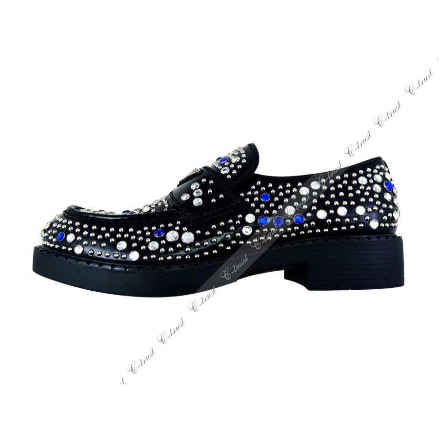 L788-9.. PRADA プラダ シューズ ローファー スワロ スタッズ ラインストーン レザー 靴 ロゴ メンズイタリア製 新品 ★ ブラックの画像