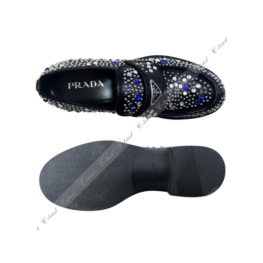 L788-9.. PRADA プラダ シューズ ローファー スワロ スタッズ ラインストーン レザー 靴 ロゴ メンズイタリア製 新品 ★ ブラックの画像