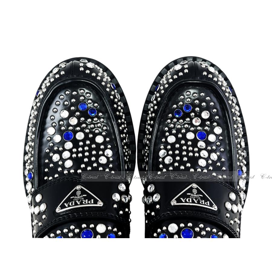 L788-9.. PRADA プラダ シューズ ローファー スワロ スタッズ ラインストーン レザー 靴 ロゴ メンズイタリア製 新品 ★ ブラックの画像