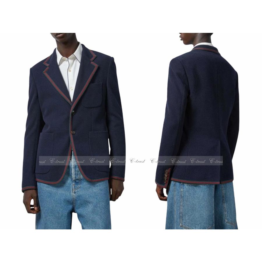 L819-46.. GUCCI グッチ ジャケット JK コットン ブレザー リボン トリム シングル ロゴ イタリア製 新品 ★ ネイビーの画像