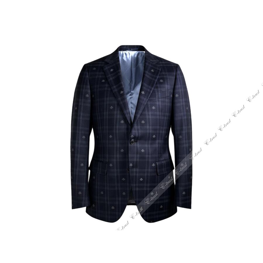 L821-48R.. GUCCI グッチ スーツ セットアップ ジャケット JK 蜂 BEE チェック テーラード フォーマル メンズ スイス製 新品 ★ ネイビーの画像