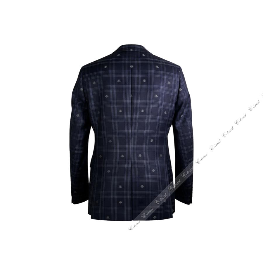 L821-48R.. GUCCI グッチ スーツ セットアップ ジャケット JK 蜂 BEE チェック テーラード フォーマル メンズ スイス製 新品 ★ ネイビーの画像