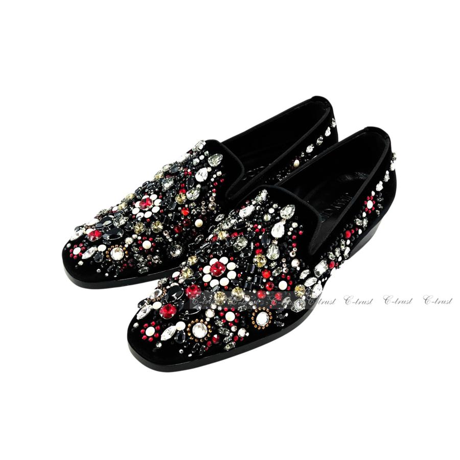 M191-41.. JIMMY CHOO ジミーチュウ スリッポン JWELLED CRYSTAL テキスタイル VELVET シューズ 靴 スワロ ロゴ イタリア製 新品 ★ ブラックの画像