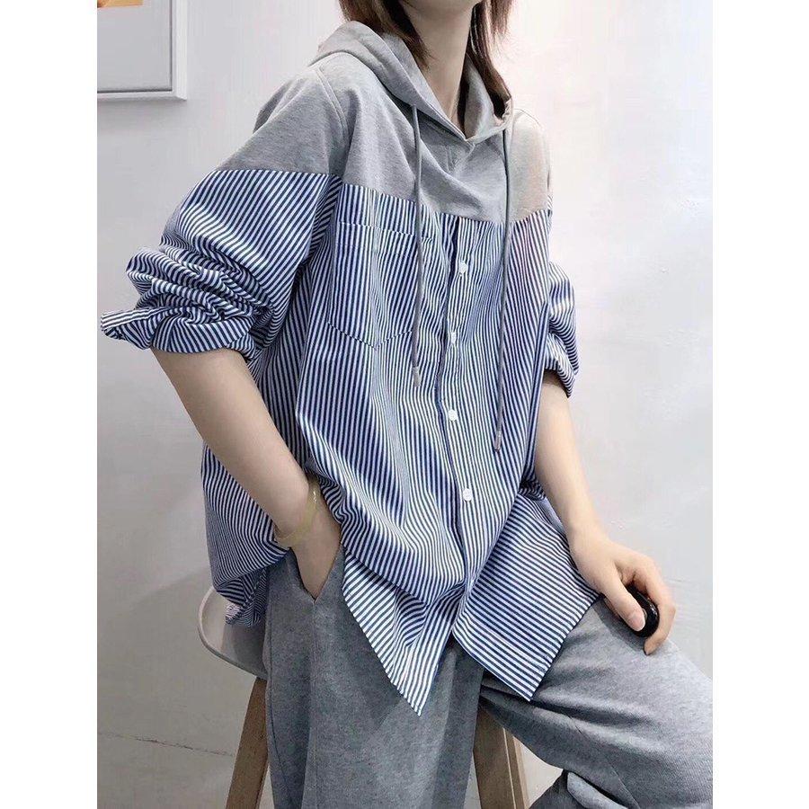スーパーセール 春夏 40代 シャツ レディース パーカー 韓国風 おしゃれ 30代 代 フード付き 大きいサイズ ストライプ柄 可愛い 長袖 切り替え パーカー プルオーバー カーディガン カラー ブルー