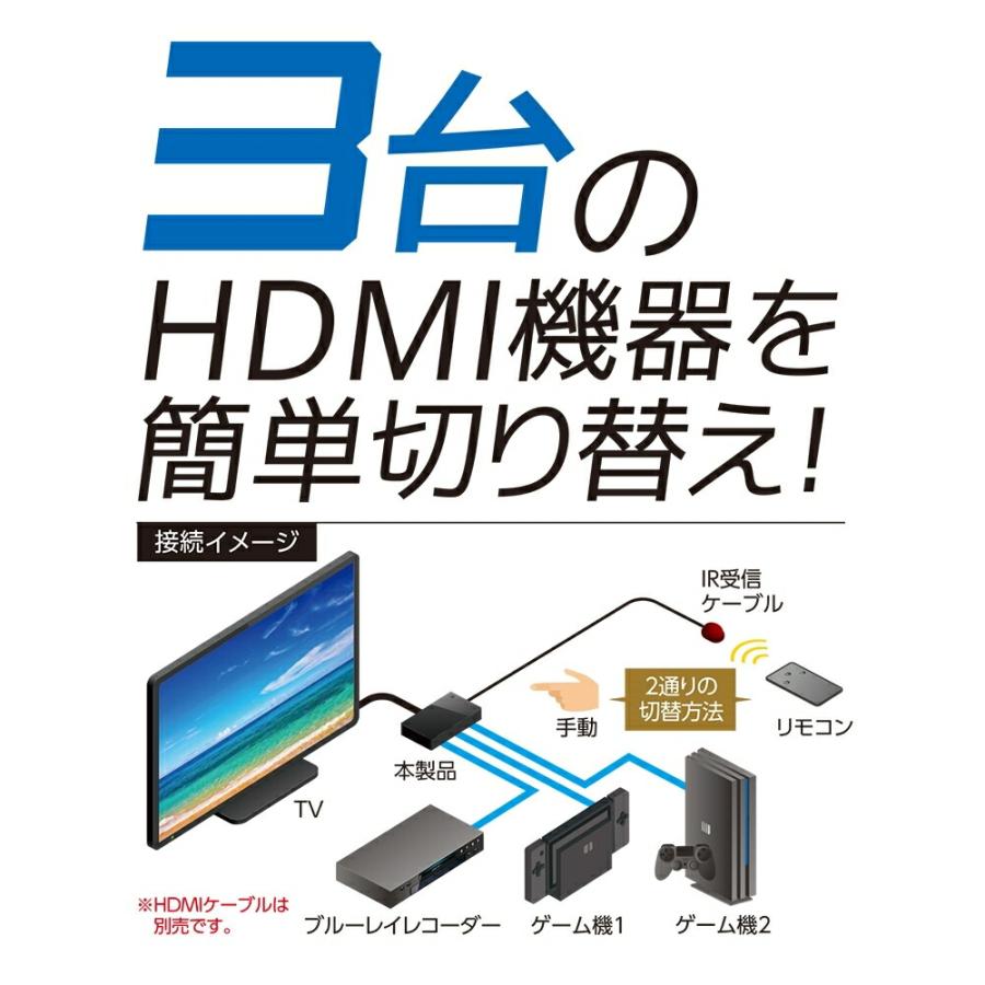 ミヨシ HDMIセレクター 3入力1出力 自動切替機能搭載 切替用リモコン付属 HDS-FH02BK｜cablestore｜03