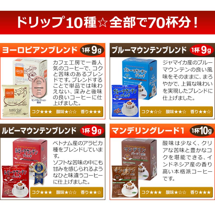 コーヒー ドリップコーヒー 10種70杯バラエティセット（コーヒーアソート7杯×10種 計70袋入) コーヒー通販カフェ工房 |  | 04