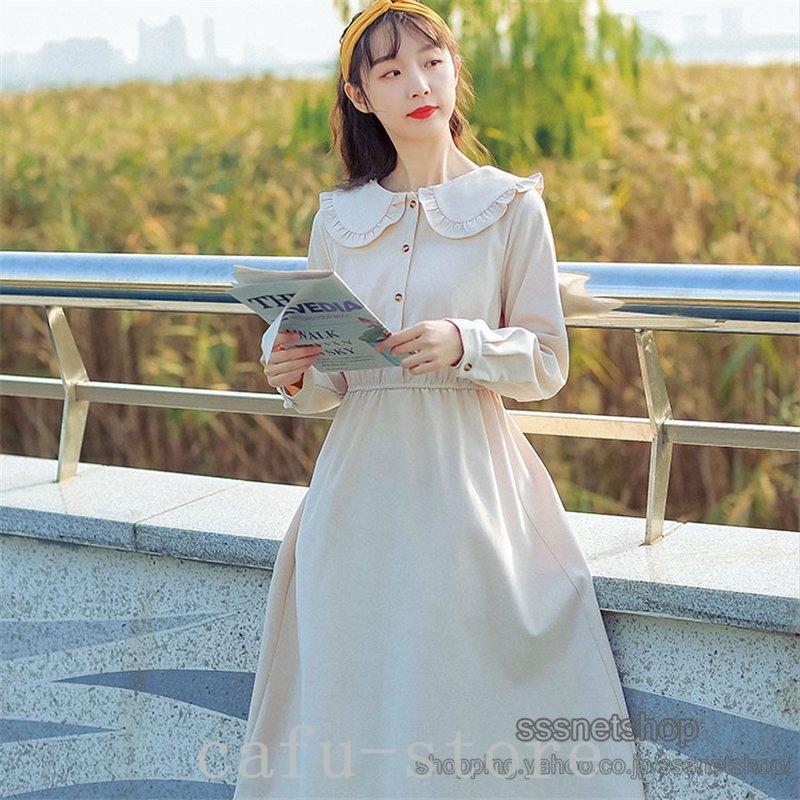 ワンピースレディースフレンチスタイルレトロ姫様風スリムお嬢様風膝丈シンプルカジュアル森ガール長袖おしゃれフェミニン着痩せ 憧れ