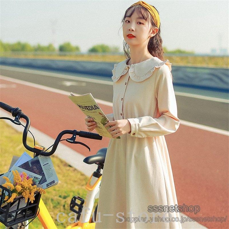 ワンピースレディースフレンチスタイルレトロ姫様風スリムお嬢様風膝丈シンプルカジュアル森ガール長袖おしゃれフェミニン着痩せ 憧れ