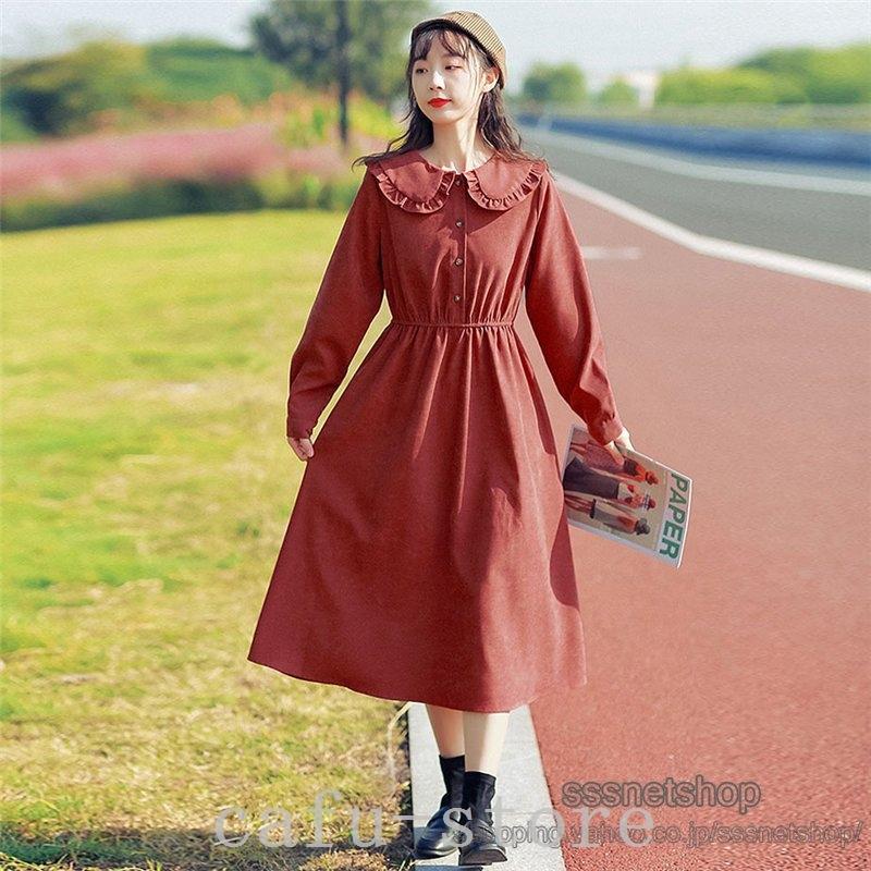 ワンピースレディースフレンチスタイルレトロ姫様風スリムお嬢様風膝丈シンプルカジュアル森ガール長袖おしゃれフェミニン着痩せ 憧れ