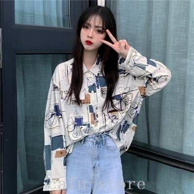 トップスレディースきれいめカジュアルおしゃれかっこいいブラウスレトロ長袖シャツゆったりプリントホワイト白ブラック黒代30代40代50代 即納 最大半額