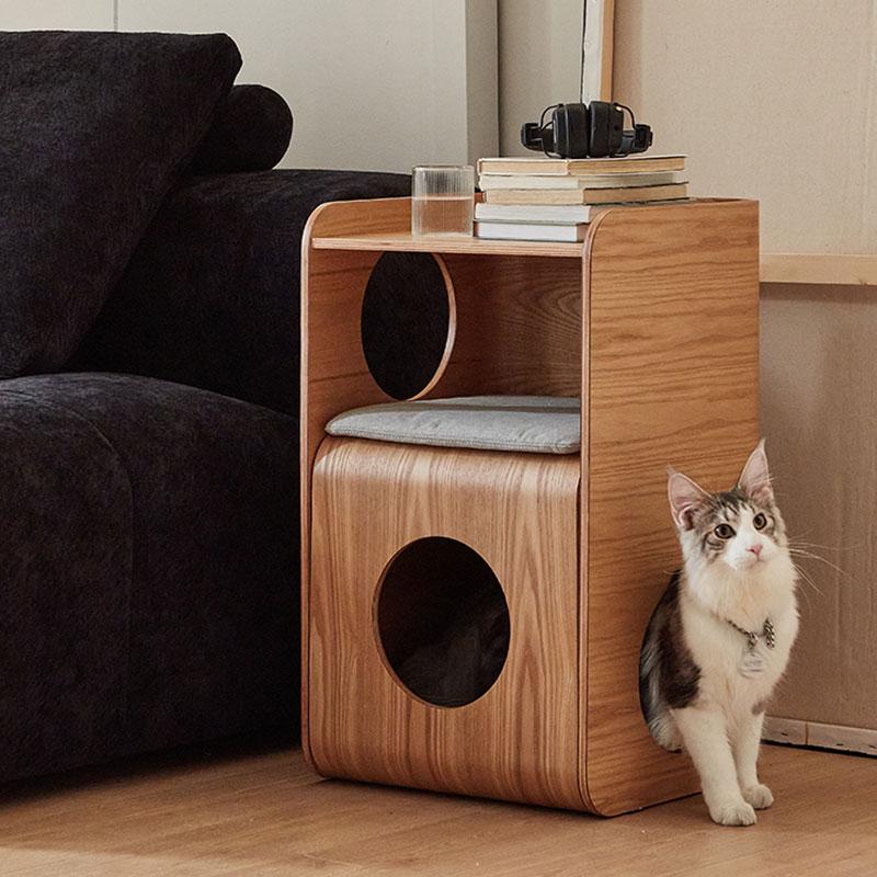 CAGUUU 木製ドーム型二段キャットハウステーブル 2段式木製