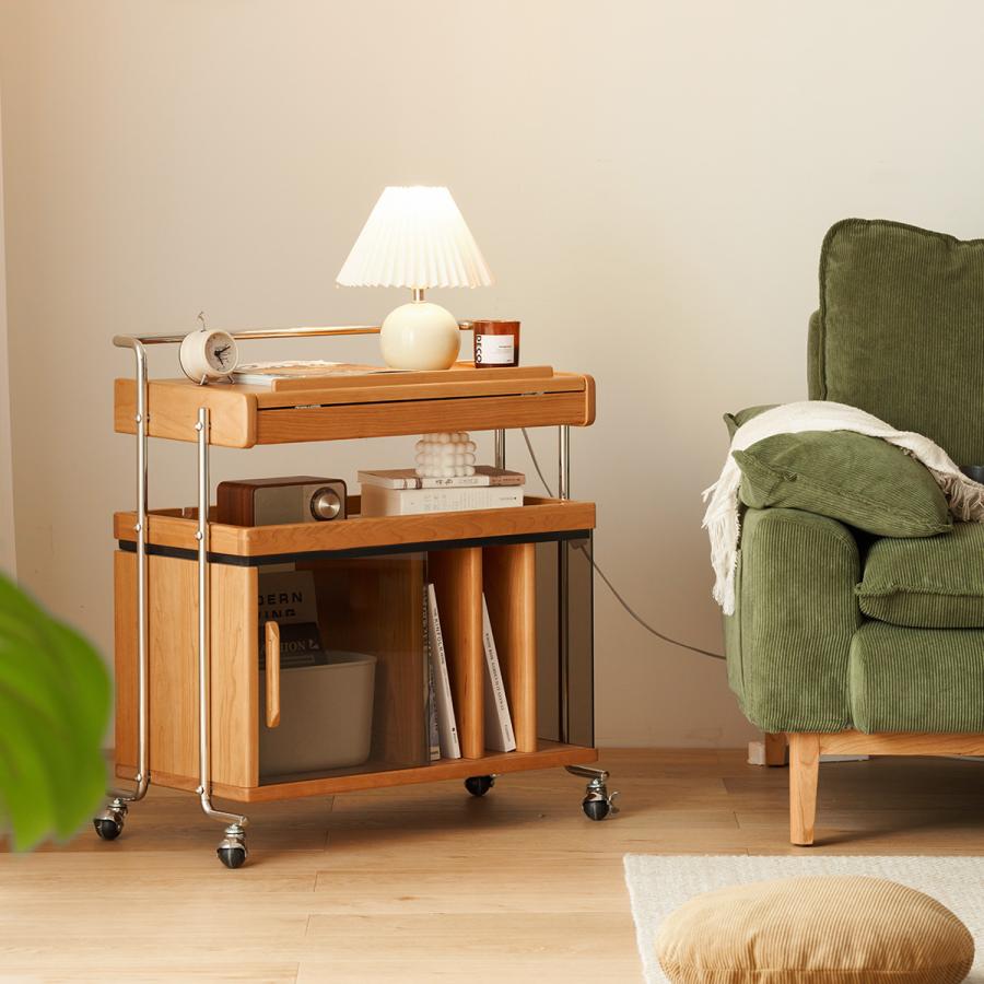 天童寺クウ　キャスター付き CAGUUU キャスター付き角度調整機能ウッドサイドワゴン 木製マルチ