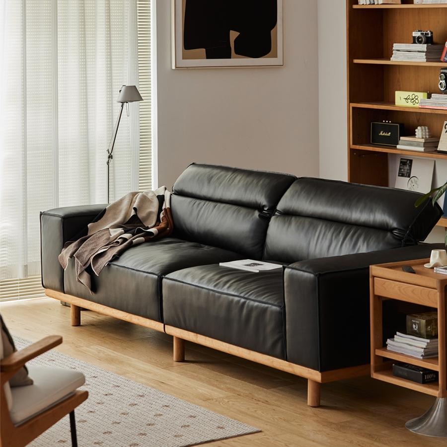 ソファ　ブラック　クッション4個付き 本革ブラッククッションソファ【カスタマイズ可】 | 高級感と快適性を