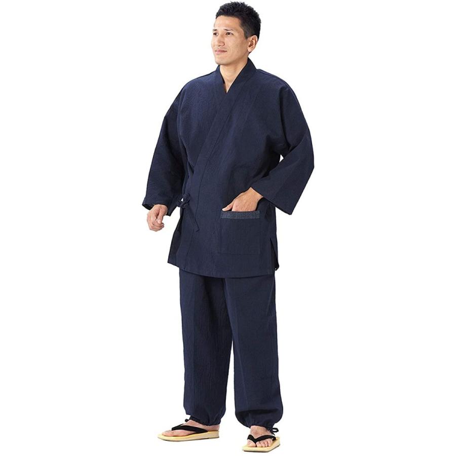 【超ポイントバック祭】 久留米ちぢみ織作務衣 日本製 (Mサイズ, 濃紺) 着物、浴衣