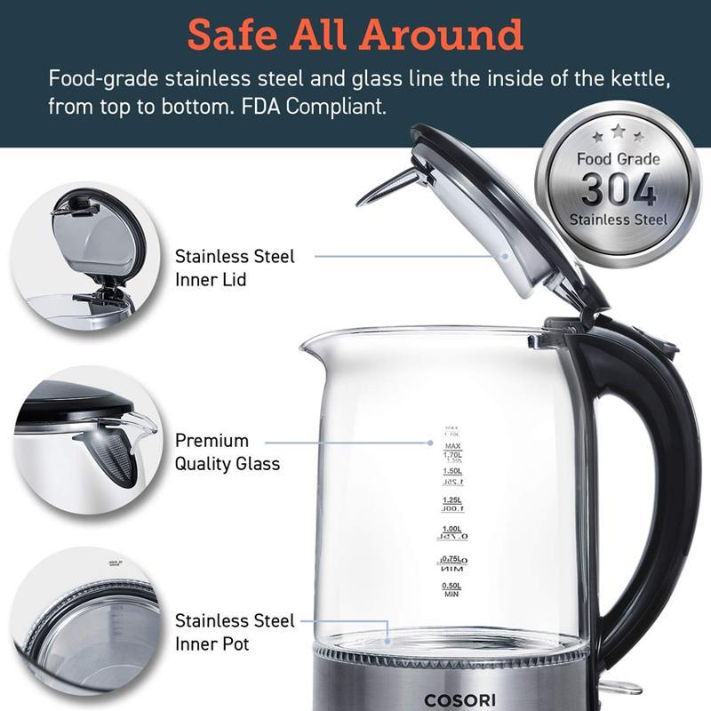 ガラス電気ケトル 1.7L BPAフリー LEDライト COSORI Electric Kettle