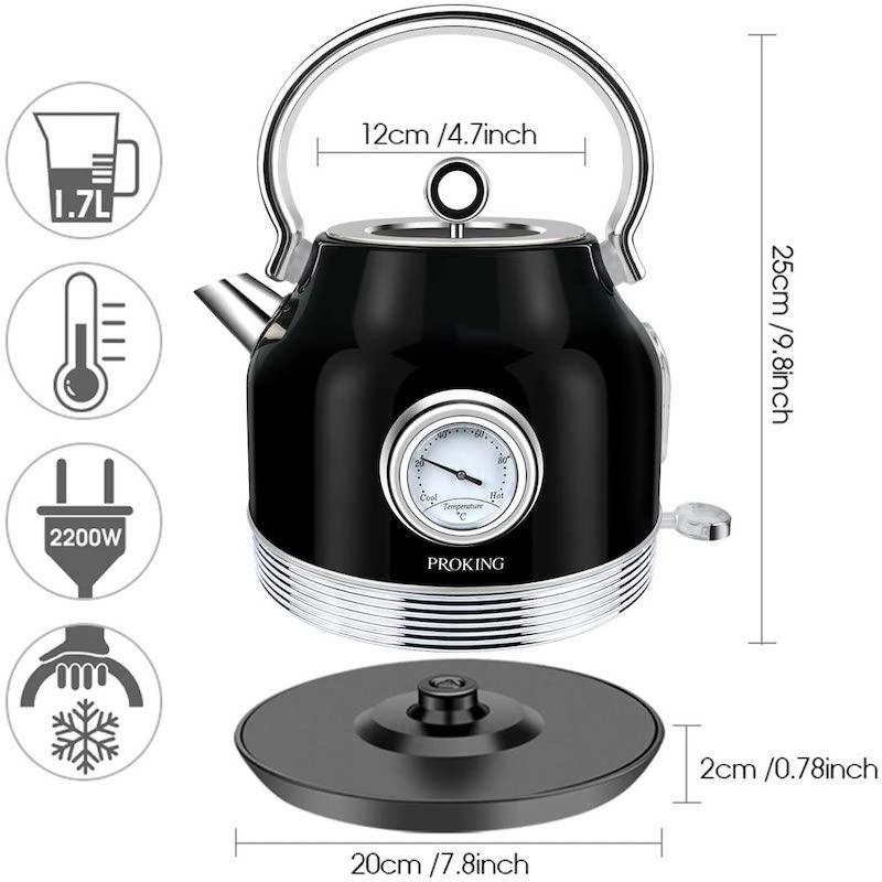 【美品】温度計付き電気ケトル 電気ケトル 1.7L 温度計付 ステンレス レトロ Electric Kettle