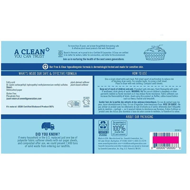 セブンスジェネレーション ドライヤーシート 160枚 柔軟剤 乾燥機 Seventh Generation - Natural Fabric Softの画像