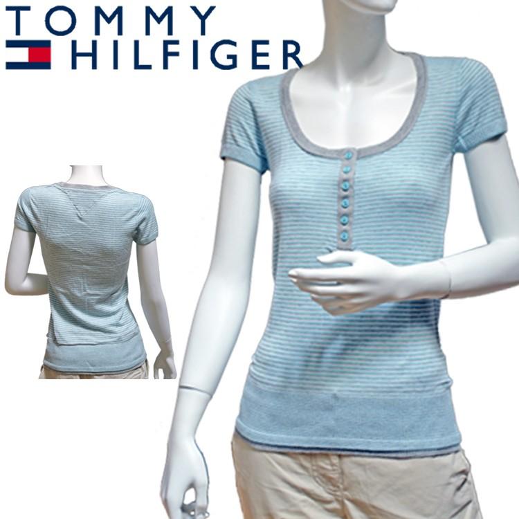 トミーヒルフィガー デニム レディース Uネック 半袖 サマーニット ブルー TOMMY HILFIGER DENIM 1650331086