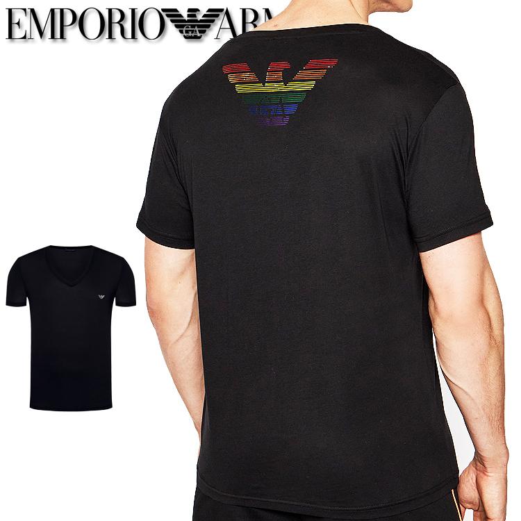 エンポリオアルマーニ メンズ Vネック 半袖Tシャツ RAINBOW EAGLE ロゴ レインボーイーグル イーグルマーク ブラック
