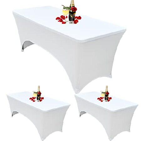 ご不明点があれば、ご連絡ください！3 Pcs 6 Ft Stretch Spandex Tablecloth Rectangular Stretchable Patio Table Cover for Standard Folding Tables Fitted Cocktail Tablecloth Prote＿並行輸入