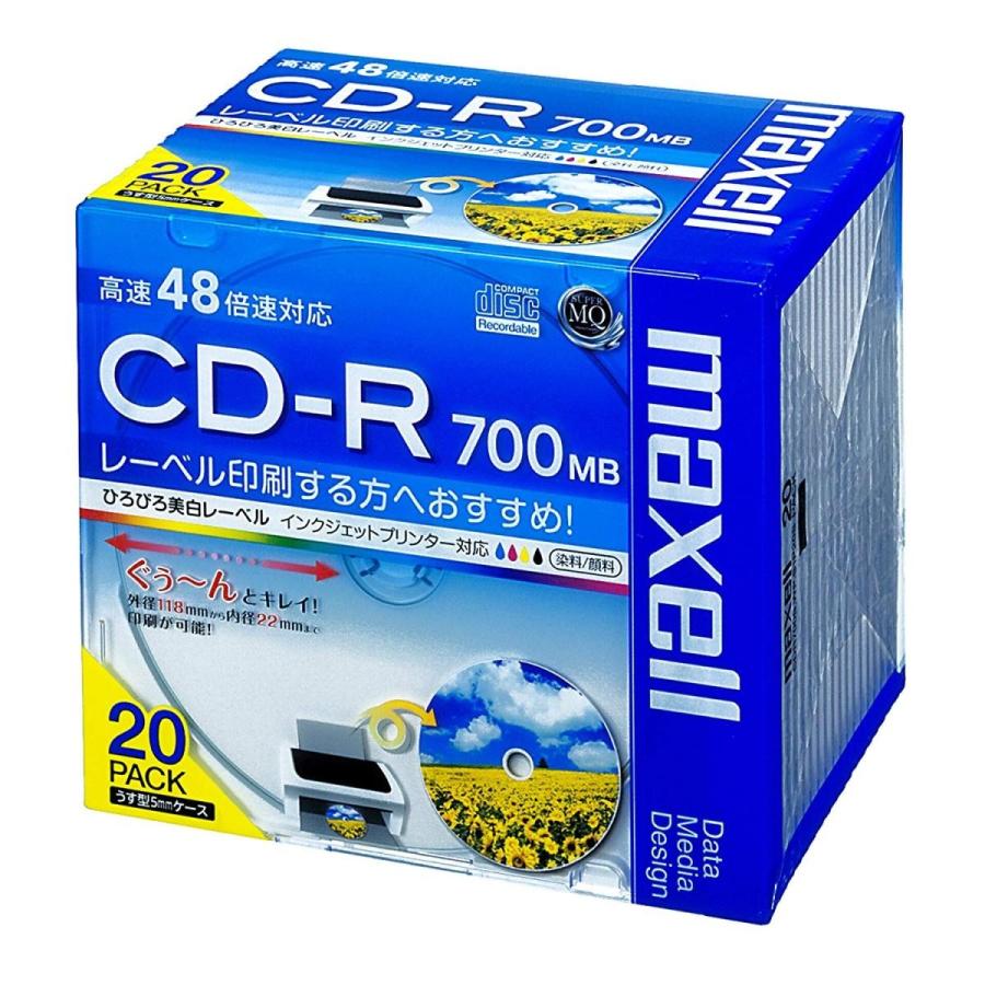 maxell データ用 CD-R 700MB 48倍速対応 インクジェットプリンタ対応ホワイト(ワイド印刷) 20枚 5mmケース入 CDR