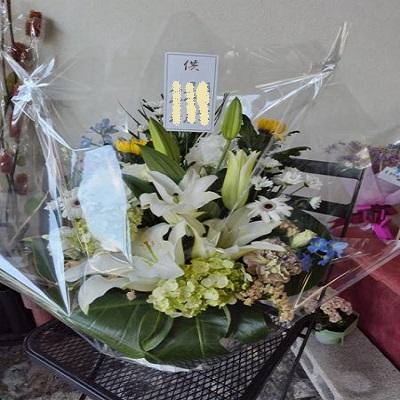 白ゆり・黄色の輪菊・白小菊に季節のお花が入った供花アレンジ |  | 03