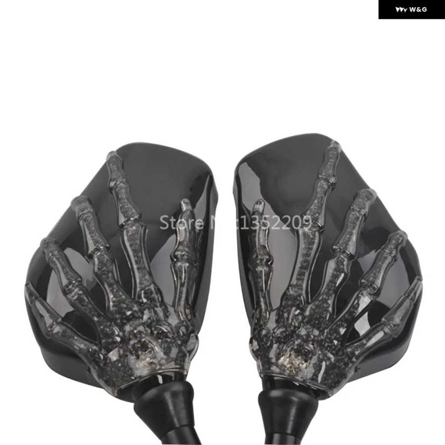 並行輸入品8MM 10MM オートバイ バイク スケルトン スカル ハンド バックミラー サイドミラー アンバー LED ウィンカーライト 付き ハーレーの画像
