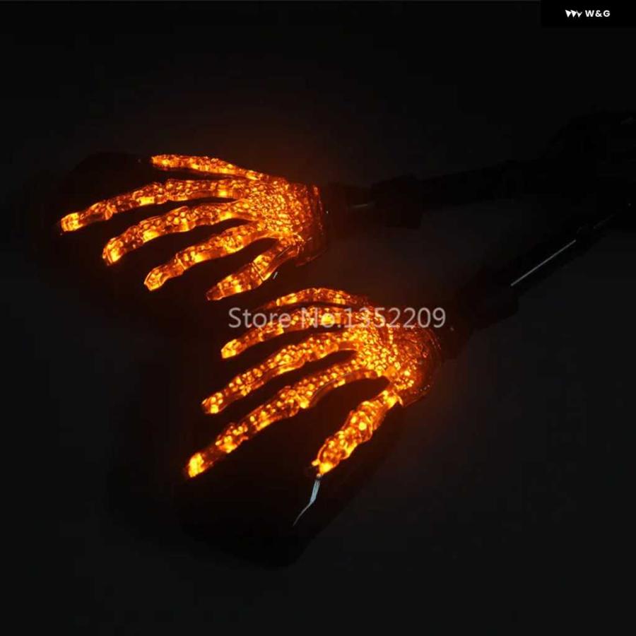 並行輸入品8MM 10MM オートバイ バイク スケルトン スカル ハンド バックミラー サイドミラー アンバー LED ウィンカーライト 付き ハーレーの画像