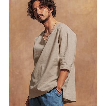 Jih Nunc コットンリネンプルオーバーシャツ Khaki L Jih Nunc(ジーヌンク)】コットンリネンプルオーバーシャツ(JIH