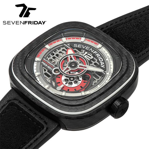セブンフライデー 腕時計 時計 PS3-02-RUBYCARBON 自動巻き メンズ 10気圧防水 ブランド 夏 レザーベルト 革ベルト ブラック レッド SEVENFRIDAY 爆買 | SEVENFRIDAY