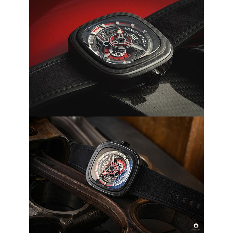 セブンフライデー 腕時計 時計 PS3-02-RUBYCARBON 自動巻き メンズ 10気圧防水 ブランド 夏 レザーベルト 革ベルト ブラック レッド SEVENFRIDAY 爆買 | SEVENFRIDAY | 04