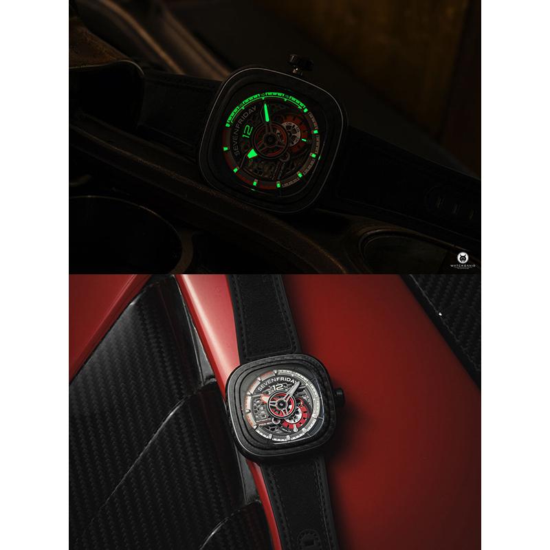セブンフライデー 腕時計 時計 PS3-02-RUBYCARBON 自動巻き メンズ 10気圧防水 ブランド 夏 レザーベルト 革ベルト ブラック レッド SEVENFRIDAY 爆買 | SEVENFRIDAY | 05